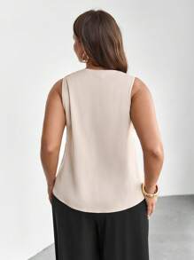 Firerie Plus Size Ruched Back Vest, V-Neck Long Loose Casual Commuting Minimalist Style, Khaki & Champagne - Champagne - View 8