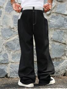 Manfinity Hypemode Men's Long Black Denim Jeans Loose Fit Contrast Panel And Stitching Detail Zipper Fly