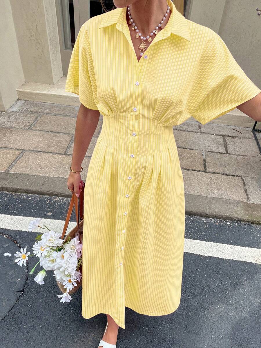 Serisse Women's Summer Striped Bat Sleeve Pleat Casual Shirt Midi Dress New Year - Yellow - View 1