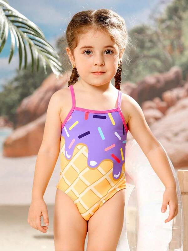 Young Girl Spaghetti Strap Backless Floral Print One-Piece Swimsuit