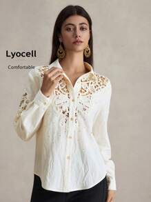 Briarwyn Blusa de manga larga con bajo curvo y encaje de contraste de unicolor, para primavera/verano, verano y playa, 4 de julio, aeropuerto - Albaricoque - Ver 4