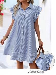 EMERY ROSE Robe à manches courtes, à boutons devant, à rayures, pour le printemps/été, pour grande taille, style décontracté