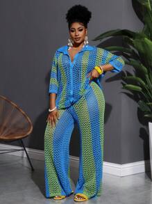 Slaydiva 大码2025新款时尚度假休闲镂空无领长袖开衫+阔腿裤蓝绿色针织两件套女毛衣套装 - 彩色 - 查看 3