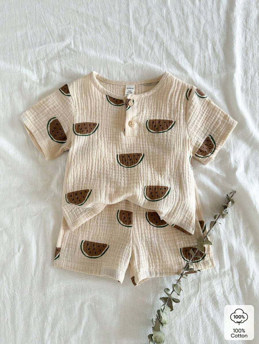 Vintaside Kids 2 件套男婴可爱西瓜印花短袖 T 恤和短裤套装，休闲