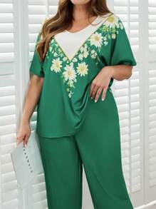 SHEIN 2件套加大码女式印花短袖上衣和宽松长裤睡衣套装 - 綠色 - 查看 5