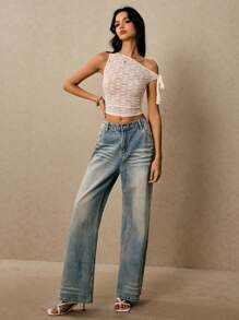 Poéselle Blusa de encaje blanco, diseño asimétrico de hombros, lazo, encaje de margarita, blusa corta asimétrica de unicolor elegante de mujer de encaje, para verano