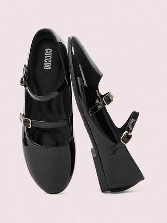 CUCCOO DOLLMOD Women's Black Round Toe Classic Elegant Cute Double Strap Mary Jane Flat Shoes For Christmas