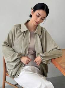 FRIFUL Women's Collared Solid Color Textured Fabric Pleated Cuff Zip Up Loose Casual Versatile Jacket, Business Casual, Autumn - Green - View 3