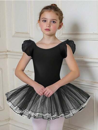 SHEIN 年轻女孩运动休闲芭蕾短裙，撞色网眼袖芭蕾舞蹈服