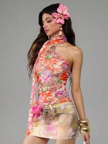 ROMWE J-Fashion Y2K Siren Vintage Vacation Beach Style Scarf Necklace Sheer Leopard Floral & Shell Decor Tank Top dành cho nữ - trái cam - Xem 4