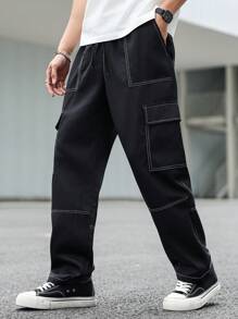 Manfinity Homme Men's Casual Multi-Pocket Drawstring Cargo Pants - Black - View 4