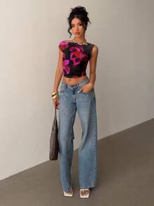 Aloruh Blouse d'épaule asymétrique plissée élégante et minimaliste pour femme, imprimé floral, convient pour l'été