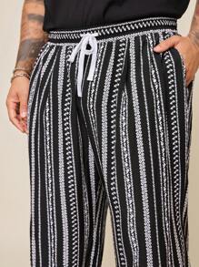 EASEVO Plus Size Men's Black Striped Casual Woven Long Pants, Fall - Multicolor - View 6