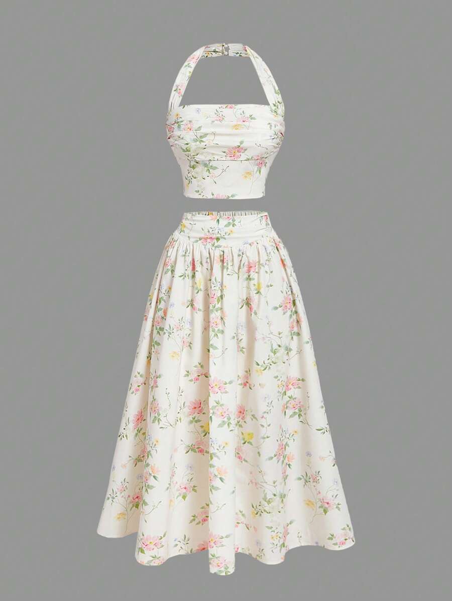 SHEIN MOD 女士碎花露背上衣和半裙套装，夏季服装