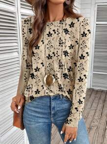 EMERY ROSE Áo thun nữ cổ tròn tay raglan in họa tiết hoa cổ điển viền bất đối xứng, phù hợp cho mùa thu/đông - Nhiều màu - Xem 8