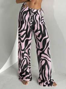 Aloruh 女士斑马印花低腰阔腿裤，沙滩装 - 粉色 - 查看 1