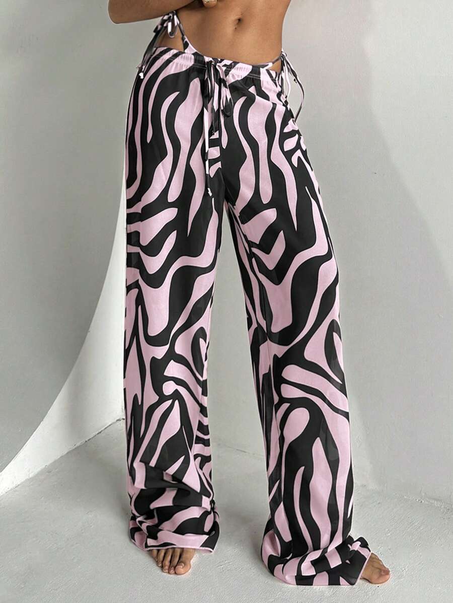 Aloruh 女士斑马印花低腰阔腿裤，沙滩装 - 粉色 - 查看 1