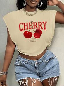 Slaydiva Casual Minimalist Red Cherry Letter Print Round Neck Short Sleeve Loose Cropped Women T-Shirt, Suitable For Summer