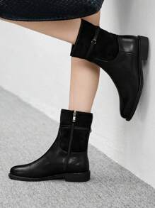 CUCCOO BIZCHIC 女士时尚英伦风格靴子，拉链侧拼布正装靴，休闲舒适百搭圆头粗跟低跟踝靴 - 黑色 - 查看 3