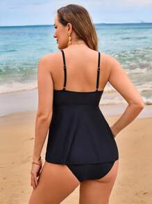 Swim Lushoire 2pcs/Set New V-Neck Lace Patchwork High Waist Bikini Set With Suspender Bottom Swimwear For Summer Beach Vacation - Black - View 2