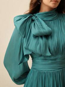 Anewsta Women's Pleated Waist Shiny Elegant Versatile Long Dress, Spring And Autumn - Dark Green - View 5