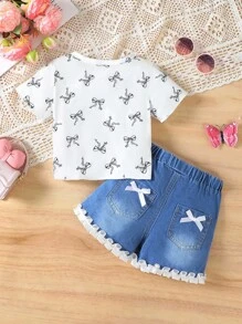 Baby Girl Outfit Set Birthday Girl 2pcs/Set Toddler Girls Casual Cute White Bow Print T-Shirt And Blue Denim Ruffled Shorts Outfit Sets Baby Tees Family Matching Outfits Toddler Girl Cozy Pixies Baby Girl Baby Girl Outfit Little Girl Clothes Baby Beach - Blue - View 2
