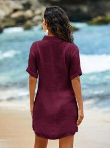 Swim Lushoire Beach Vacation Outfits Women Summer Polo Collar Half Sleeve Casual Holiday Beach Solid Woven Swimsuit Cover Up - Burgundy - View 3