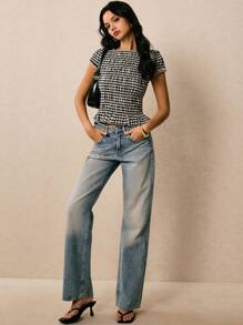 Poéselle 女式夏季休闲格子修身衬衫 - 黑與白 - 查看 2