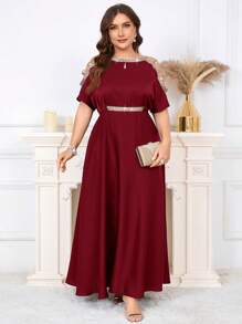 SHEIN Clasi 大码女式优雅拼布带肩部镂空设计连衣裙 - 酒紅色 - 查看 1