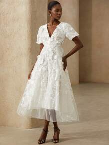 BELROSIE French Romantic Solid Color 3D Floral V-Neck Short Sleeve Maxi Dress For Women, Summer - White - View 8