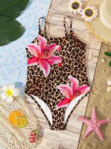 SHEIN Tween Girls Leopard Print Hibiscus Flower, Vacation, Beach Essentials, Beach, #Coconutgirl Minimalist Design One-Piece Swimsuit, Suitable For Summer - Multicolor - View 1
