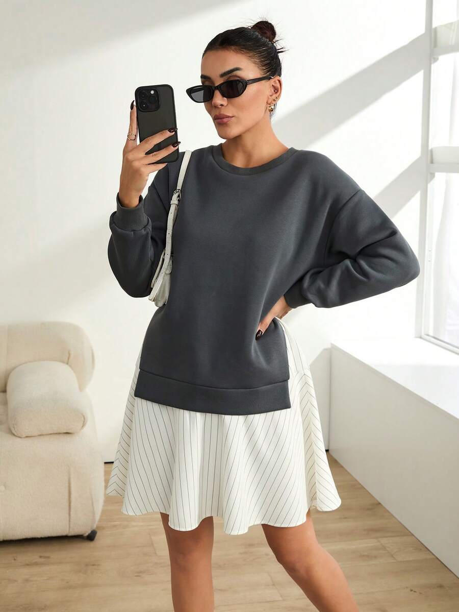 RueChic Oversize Matching Fabric Fleece Back Flare Peplum Sweatshirt Dress