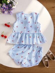 小女孩可爱蓝色格子樱桃装饰独特可爱T恤套装，含樱桃上衣，夏季时尚碎花装 - 淺藍色 - 查看 2