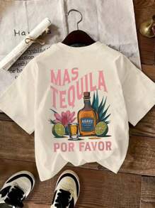 INAWLY 龙舌兰鸡尾酒玛格丽塔杯和柠檬花叶字母图案圆领休闲女士T恤，春夏宽松女士运动衫 - 杏色 - 查看 2