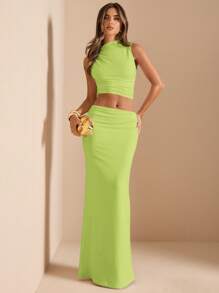 SHEIN BAE 2pcs Set: Spring/Summer White Sleeveless Asymmetric Twist Ruched Drape Neck Cami Top & Low Waist Ruched Pencil Skirt Knit Suit, For White Wedding Guest, Graduation, Vacation