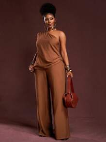 Veslaya 2025新款夏季休闲优雅度假日常约会通勤生日派对沙滩度假单肩斜下摆金属装饰上衣+阔腿裤超长裤棕色梭织面料女加大两件套-B