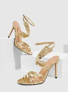 CUCCOO SZL Women's Sexy Fashion Thin Strap Round Toe High Heel Sandals, Casual Versatile Ankle Strap Gold Heeled Shoes