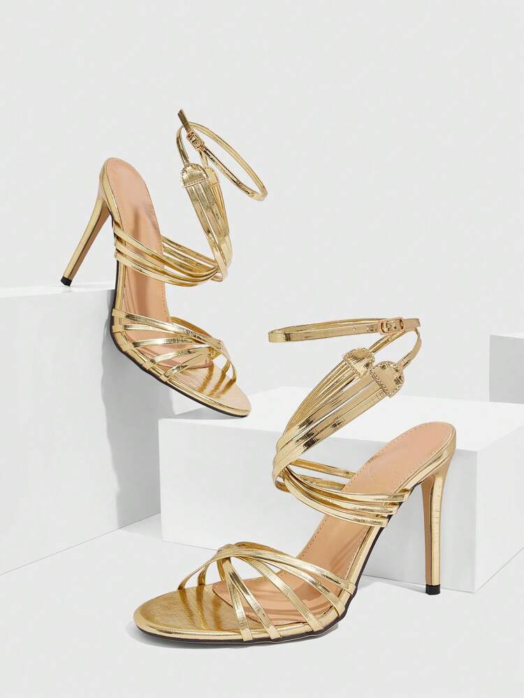 CUCCOO SZL Women's Sexy Fashion Thin Strap Round Toe High Heel Sandals, Casual Versatile Ankle Strap Gold Heeled Shoes For Christmas Spring Shoes Prom Heels