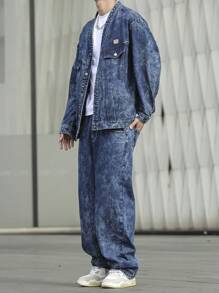 Manfinity EMRG 大码男士水洗牛仔夹克和牛仔裤套装，秋季服装 - 深色水洗藍 - 查看 5