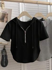 Chiquease Women Asymmetrical Drawstring Hooded Zipper Short Sleeve Sweatshirt, Casual For Spring/Summer Graduation,Back To School,Graduation,Teacher For Women,Back To School Pullover Fall