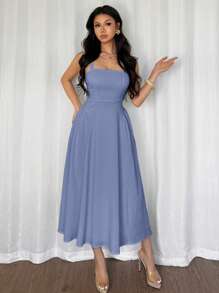 Firerie Women's Elegant Minimalist V-Neck Ruched Texture Fabric Beach Midi Dress, A-Line Silhouette, Summer - Blue - View 4