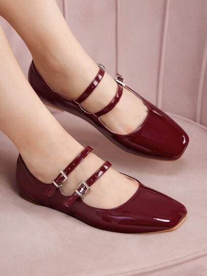 CUCCOO DOLLMOD Dammode Läder Burgundy Mary Jane Spänne Dekor Fyrkantig tå Röda Flats, Alla hjärtans skor för sommarlovet Skor Sommarrea Back To School Skor College Student Skor Jul Höst BURGUNDY Mary Jane Nyår Semester
