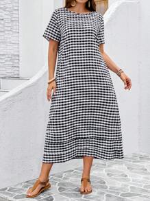 Rosumi 夏季大码女式格子圆领短袖休闲宽松连衣裙 - 黑與白 - 查看 5