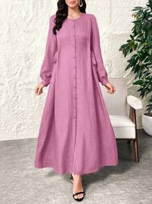 Al Najma Váy Maxi Ả Rập tay đèn lồng màu trơn giản dị mùa xuân & mùa hè dài đến đầu gối, phong cách thanh lịch khiêm tốn cho trang phục thường ngày/công sở/ngày lễ/tiệc tối/khách dự tiệc cưới - Hồng - Xem 5