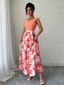 Elenzga Women's Elegant Contrast Color Waist Printed Dress