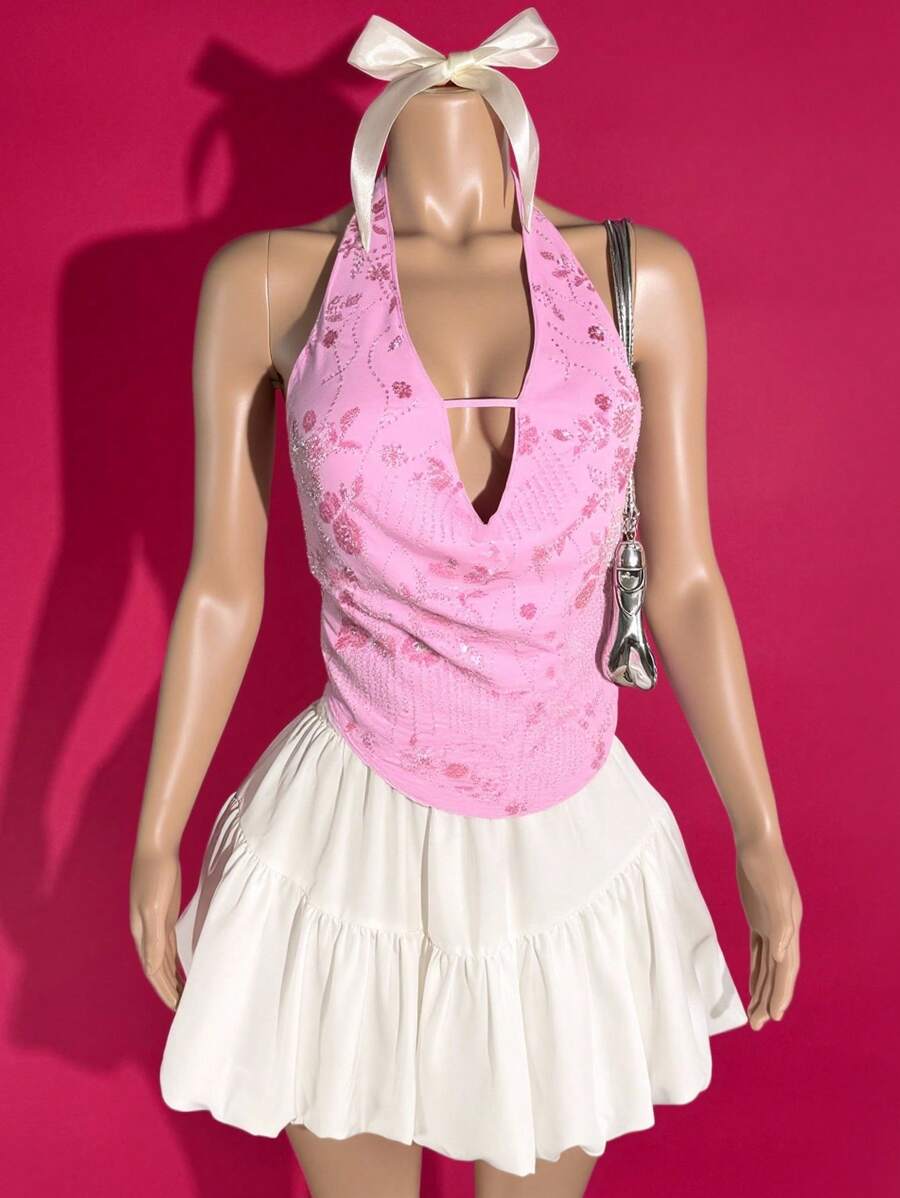Slaydiva Women Plus Size Pink Floral Summer 90s Birthday Vintage Bead Embroidered Deep V Backless Halter Top,Music Festival Club Vacation Elegant Casual Top - Pink - View 1