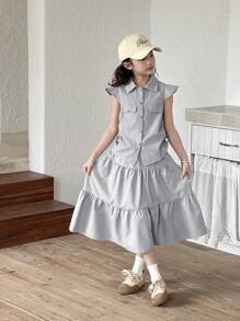 SHEIN 2 件套青少年女童优雅领口无袖衬衫上衣和不对称下摆荷叶边裙套装，灰色女童连衣裙、衬衫和裙子套装，小女孩 2 件套，两件套