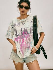 Easelle T-shirt casual da donna con stampa a caratteri, spalle scoperte e design elastico, per l'estate