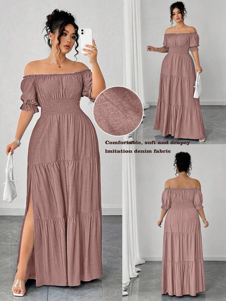 Elenzga Đầm Maxi hở vai màu xanh denim trơn cỡ lớn cho nữ, eo chun, thanh lịch, thường ngày, xẻ tà, xuân/hè - Bụi hồng - Xem 1