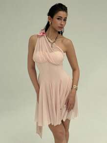 Aloruh Women's Elegant 3D Floral Decor Backless Mini Dress - Pink - View 4